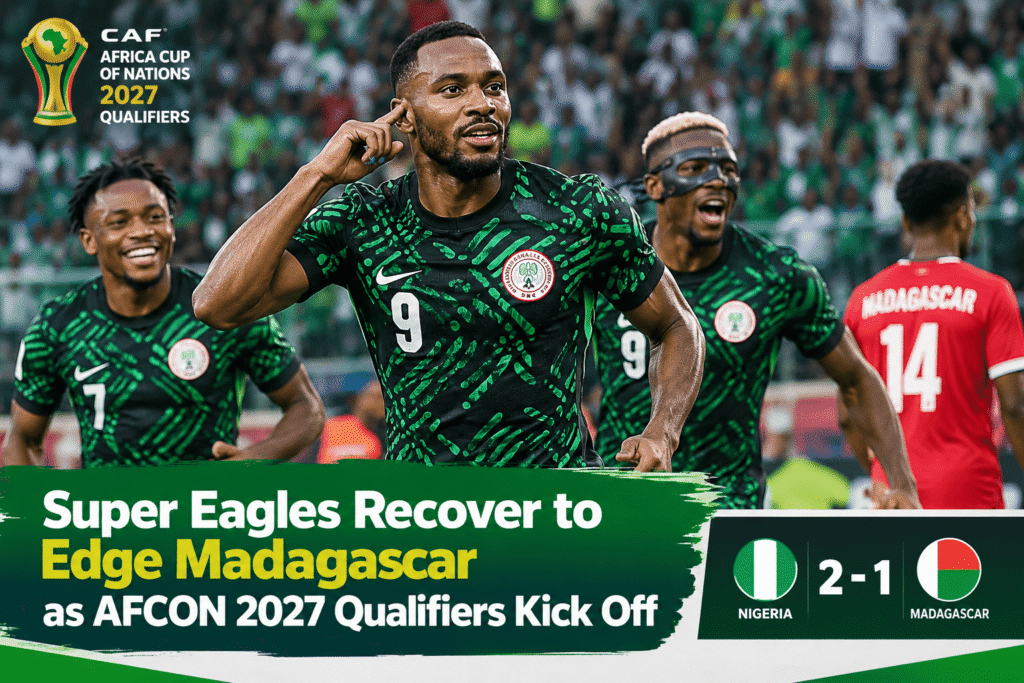 Nigeria players celebrate during their 2-1 AFCON 2027 qualifying victory over Madagascar