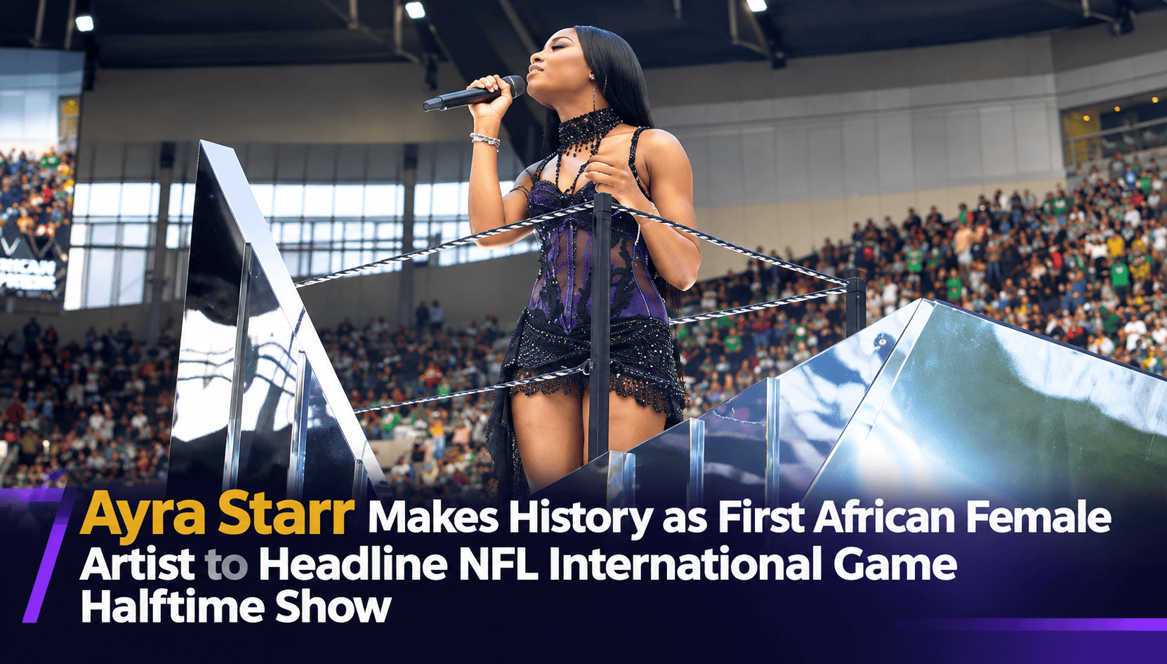 Nigerian Afrobeats singer Ayra Starr performing at the NFL International Games halftime show in London.