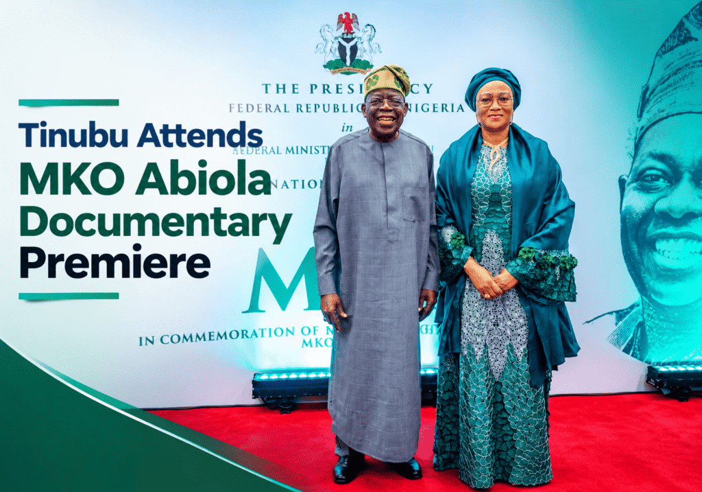 President Bola Tinubu and First Lady Oluremi Tinubu at the national premiere of the MKO Abiola documentary in Lagos